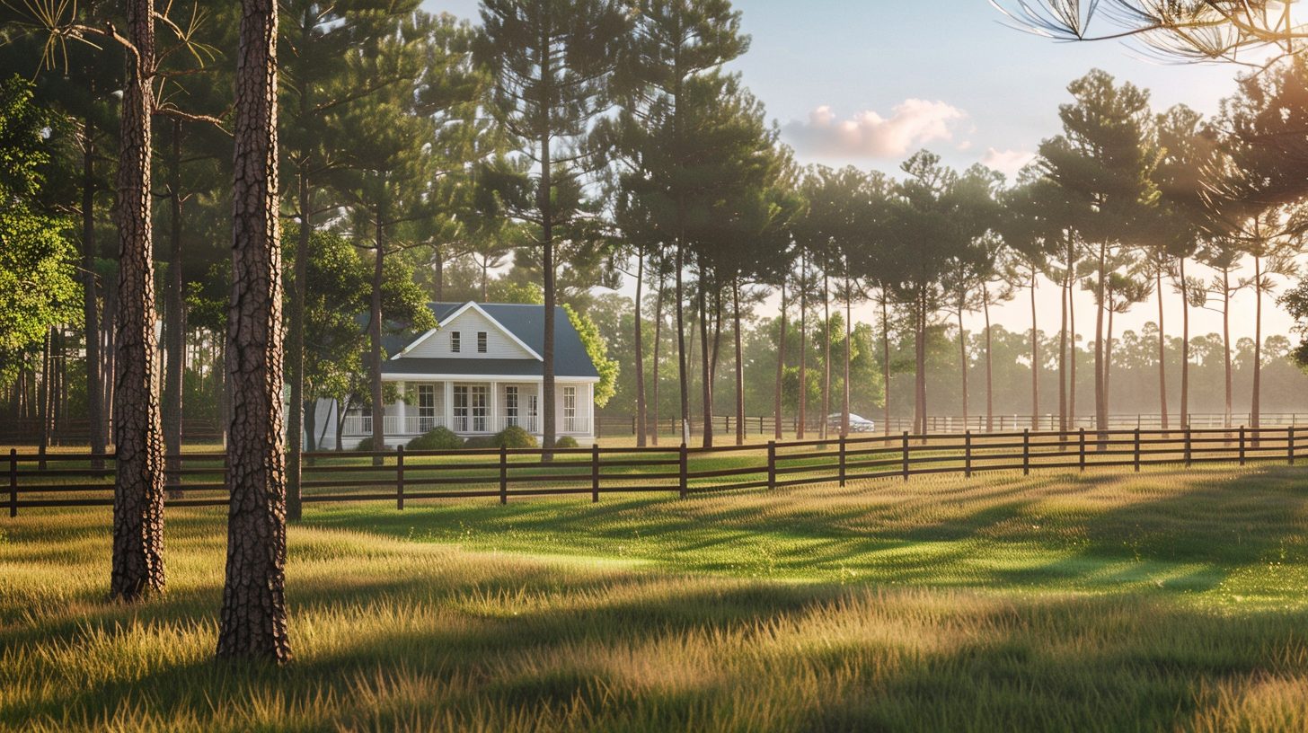 Rural home in Crestview Florida with open yard and pine trees