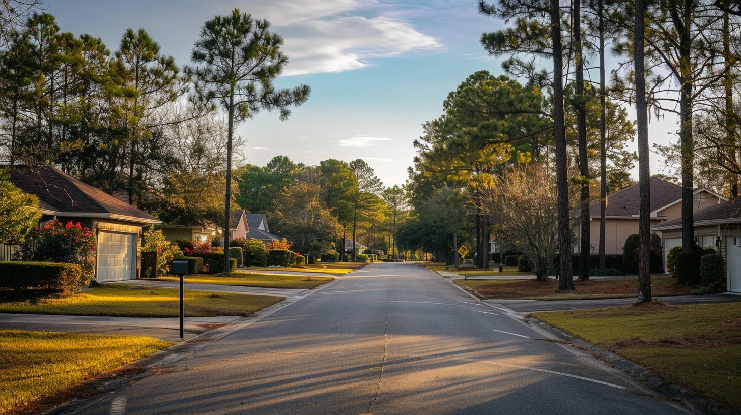 Quiet residential neighborhood in Crestview Florida with pine trees