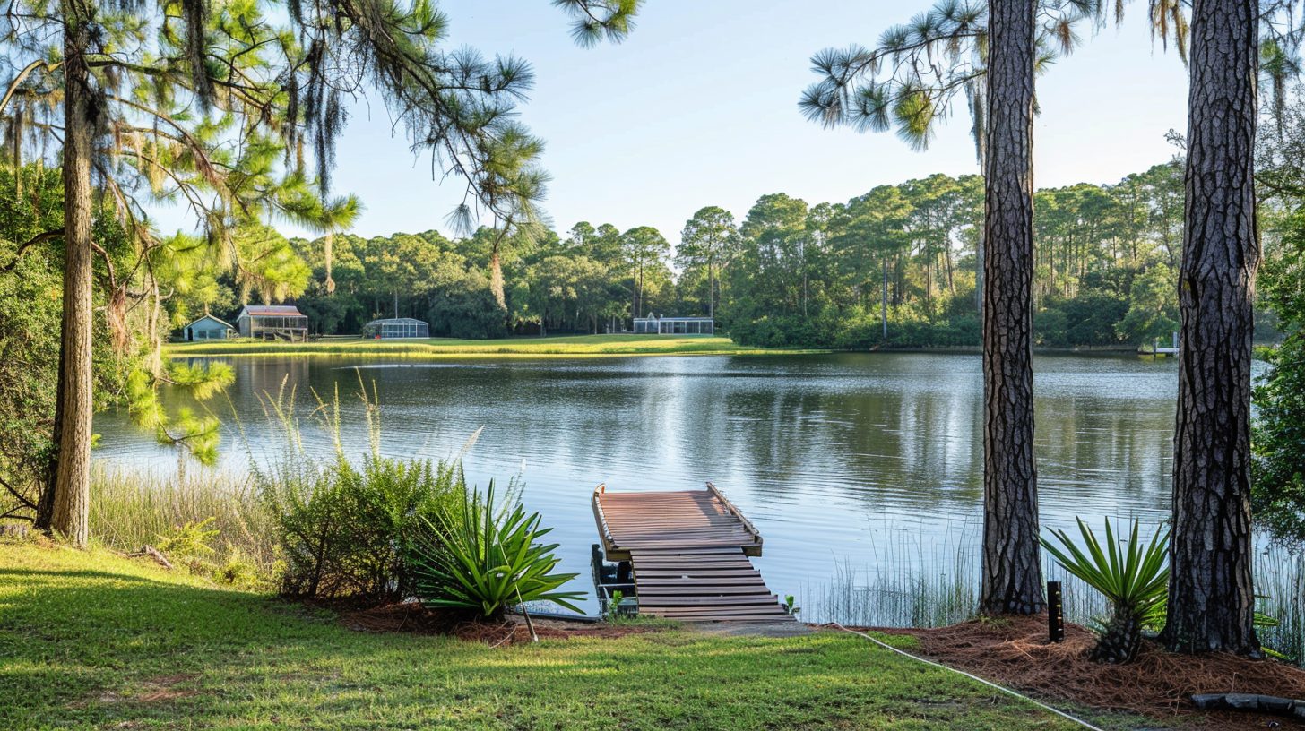 Lakefront home in Crestview Florida with dock and pine trees