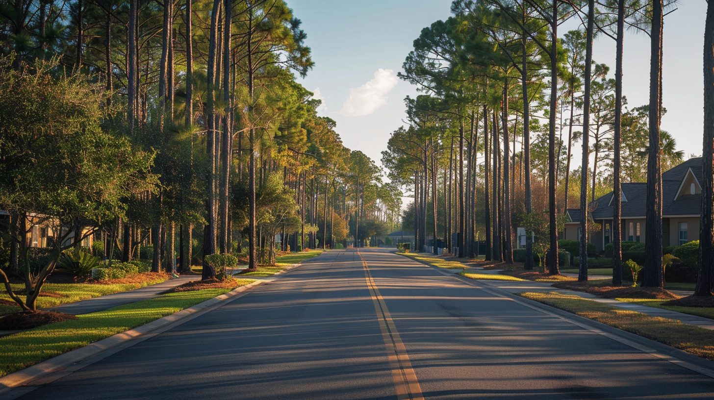 Quiet street in Crestview Florida with pine trees