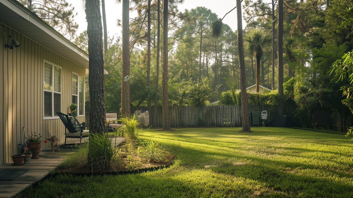 Backyard of a home in Crestview Florida with pine trees
