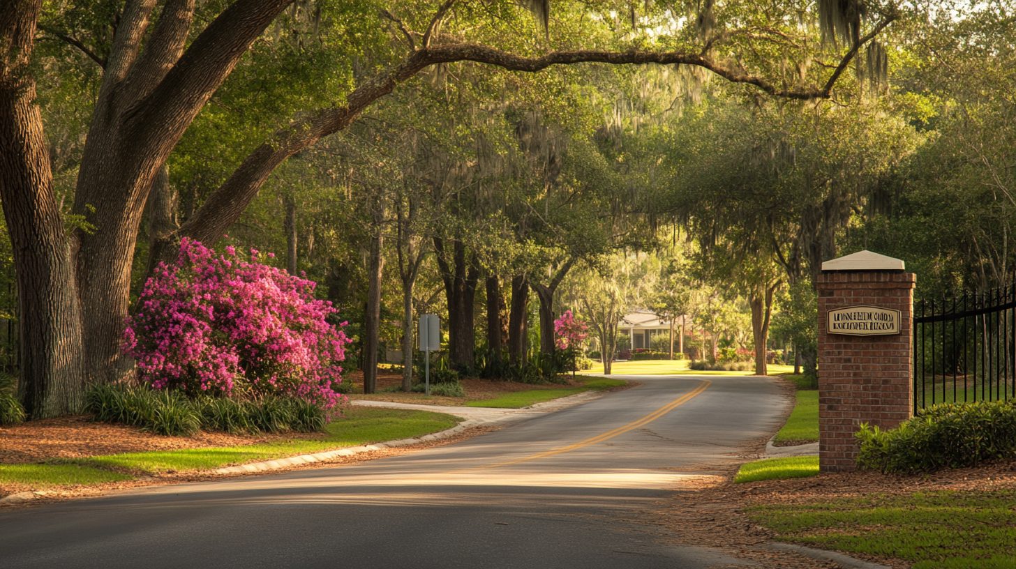 Small-town street scene in Crestview Florida with local businesses and pine trees