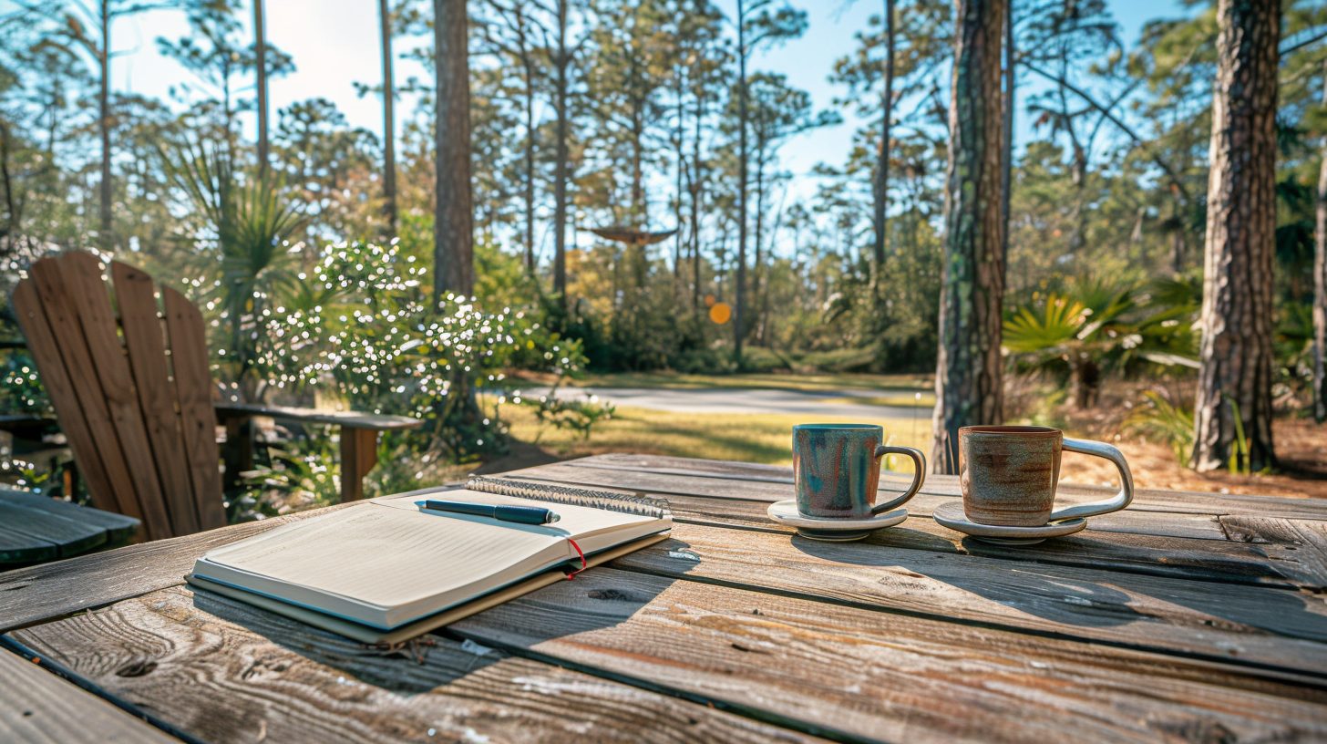 Backyard patio table at a Crestview Florida home with notebook and coffee mugs