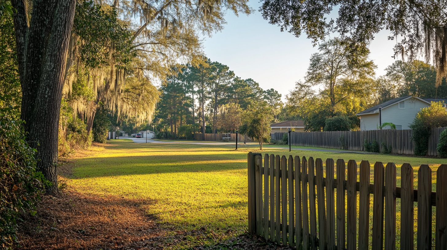 Backyard view toward a Crestview Florida neighborhood with mature trees and homes