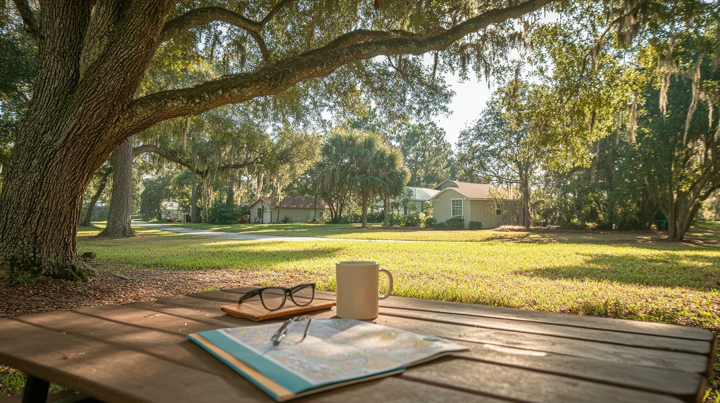 Backyard of a Crestview Florida home with notebook and neighborhood map