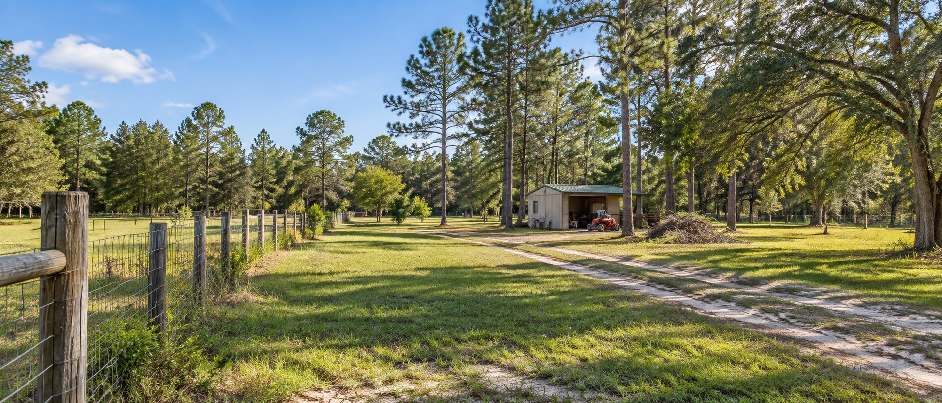 Five-acre country property near Crestview Florida with open grass, pine trees and fencing