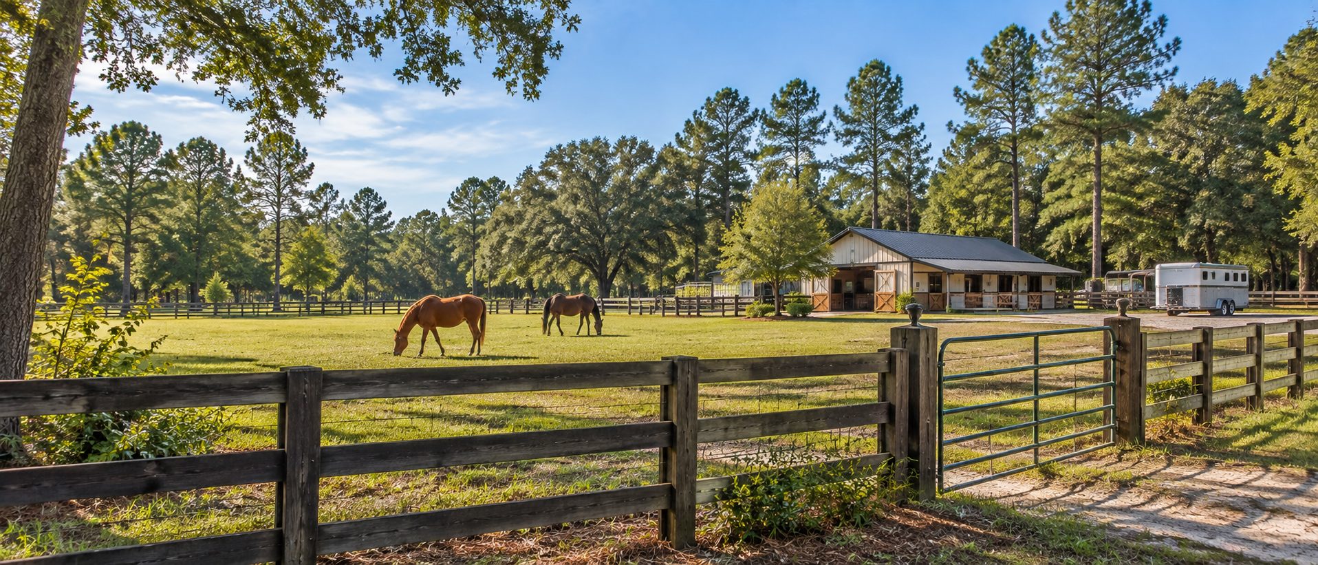 Horse property in Northwest Florida with fenced pasture, two horses and a practical barn