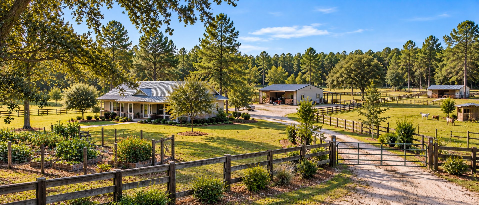 Elevated view of a Northwest Florida country home with fenced acreage, outbuilding and gravel driveway