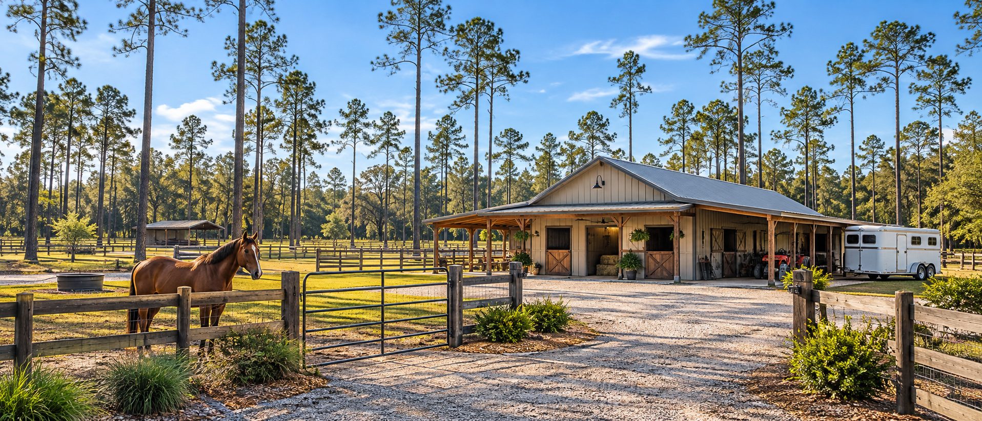 Northwest Florida horse property with working barn, fenced paddocks, gravel access and horse trailer